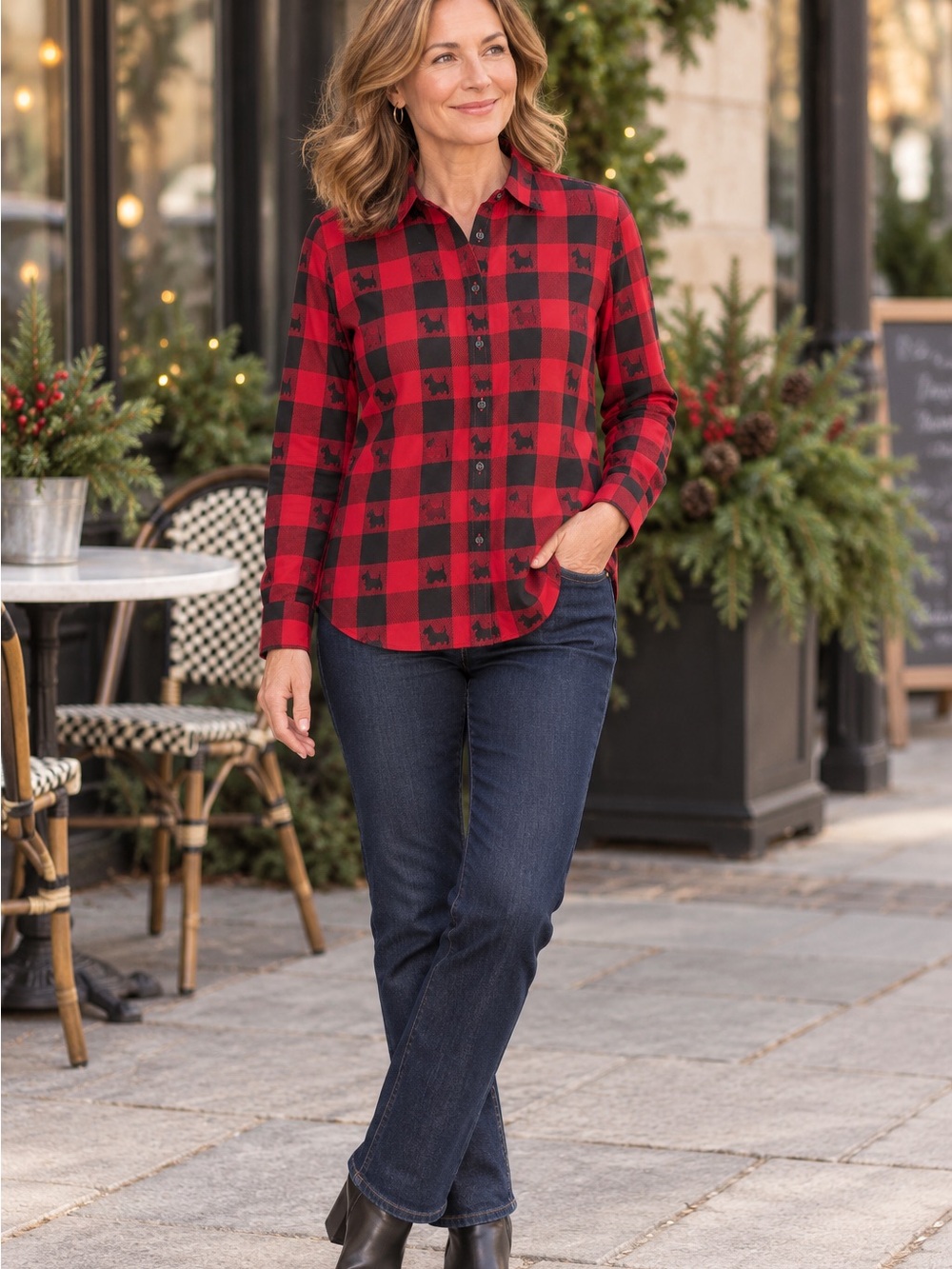 Talbots Petites MP Red Black Plaid Scottie Dog Long Sleeve Button Front Shirt